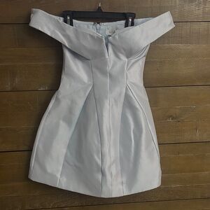 Meshki Off the Shoulder mini dress, baby powder blue.